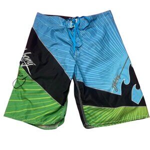 Rare Andy Irons Billabong Board Shorts Men's 32 (30" W)‎ Platinum Green Blue Y2K